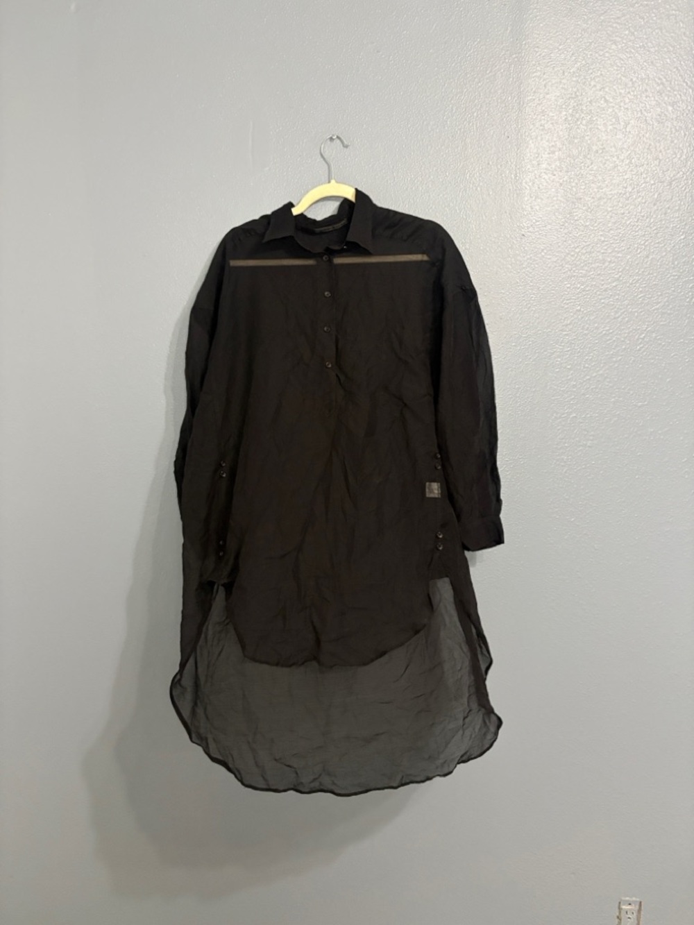 janni Kayne Black Sheer High-Low Button Shirt dress